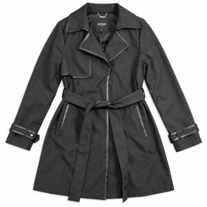 GUESS Womens Large Black Belted Trench Coat Faux Leather Trim Water Resistant
